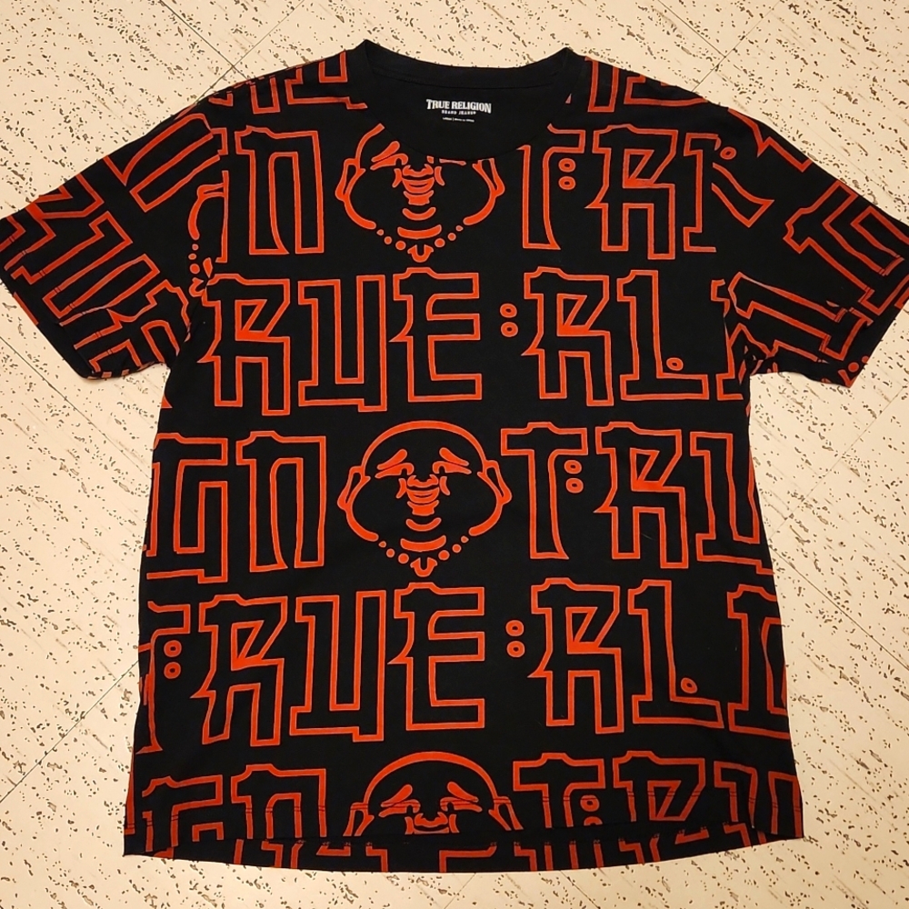 True Religion Full Graphic AOP Spellout T-Shirt Black And Red